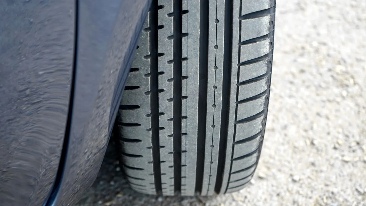 Detailed close-up of a car tire on a gravel road in natural light.